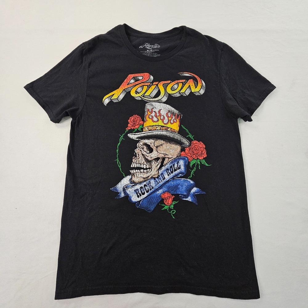 Poison Rock and Roll Skull Roses Black Short Sleeve Cotton T-Shirt Men's M
